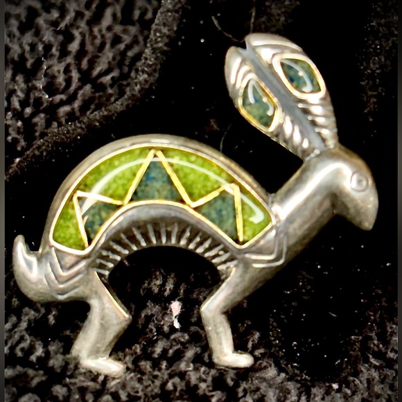 Artisan Sterling Silver Rabbit Brooch – Green Stone Inlay Marked R 825-item#0010 - Picture 2 of 4